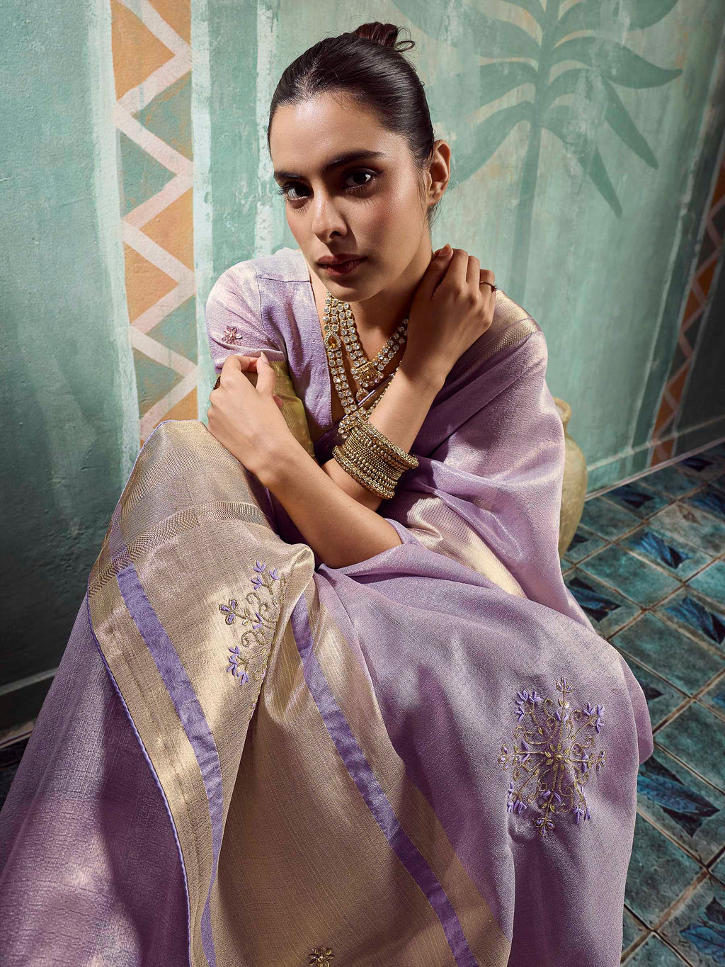 Lavender Tissue Embroidered Handloom Saree