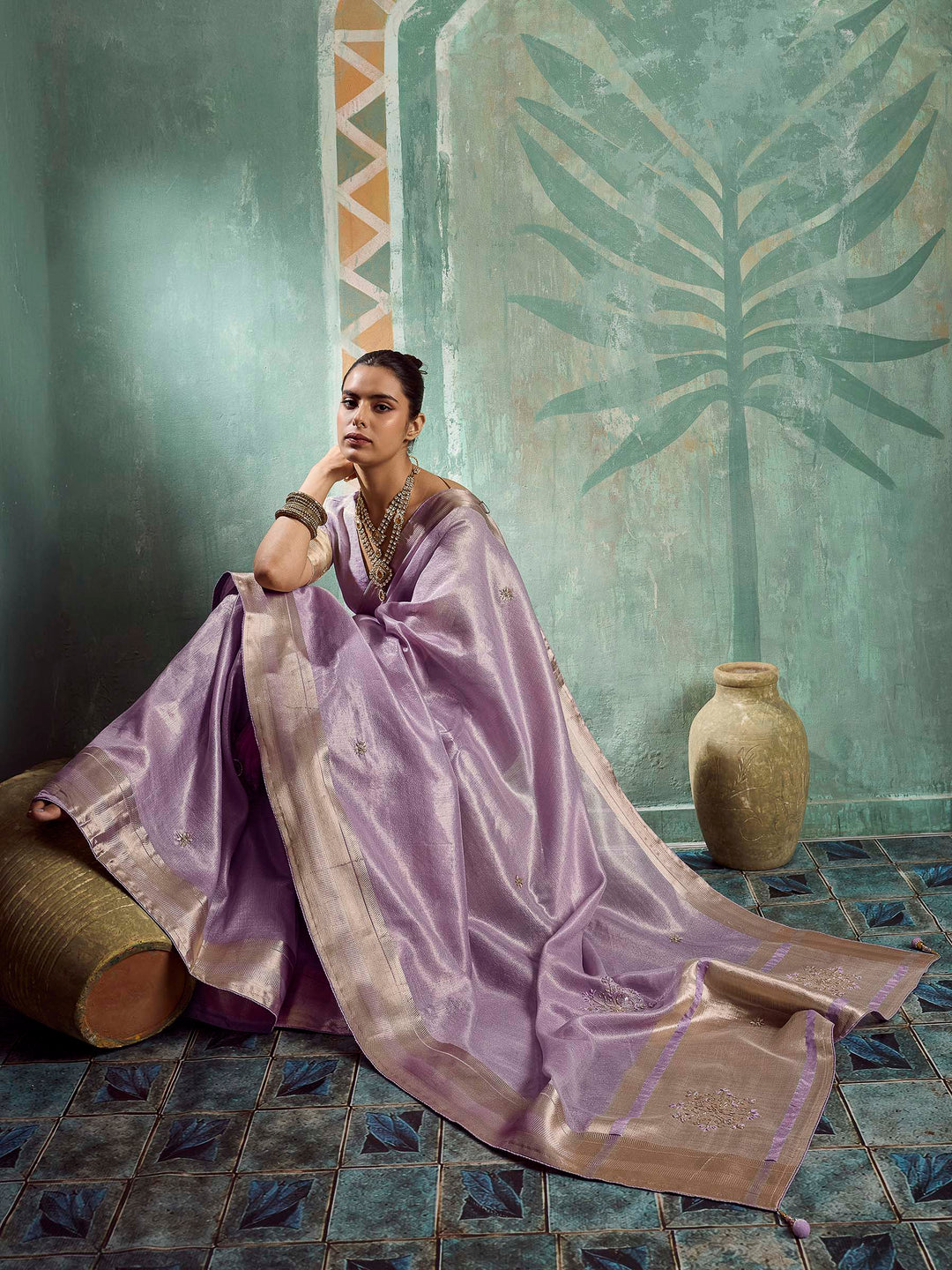Lavender Tissue Embroidered Handloom Saree