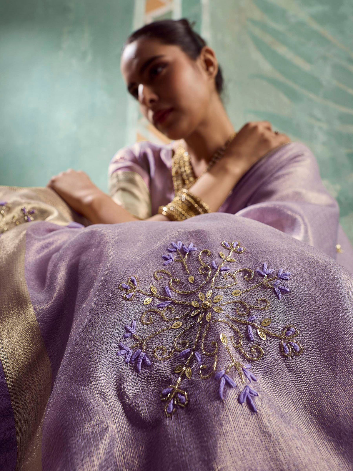 Lavender Tissue Embroidered Handloom Saree