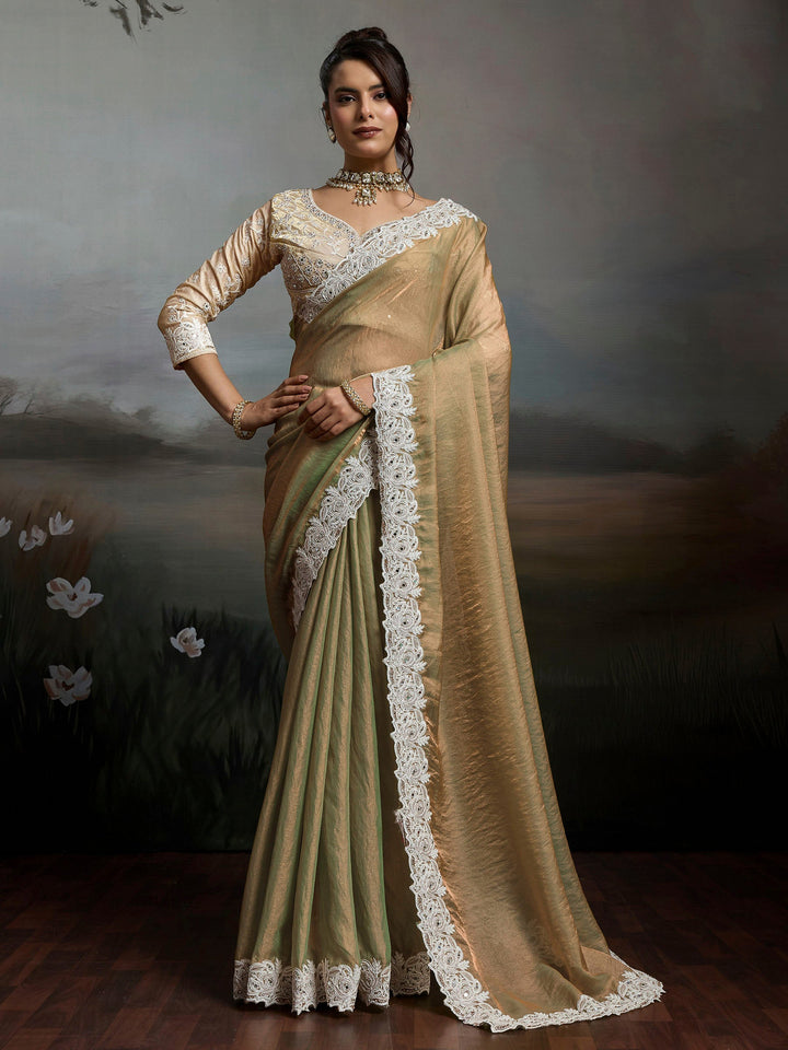 Beige Embroidered Satin Velvet Saree