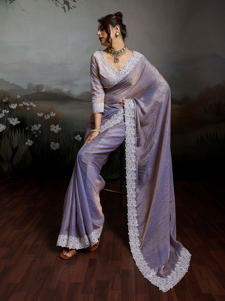 Lavender Embroidered Satin Velvet Saree