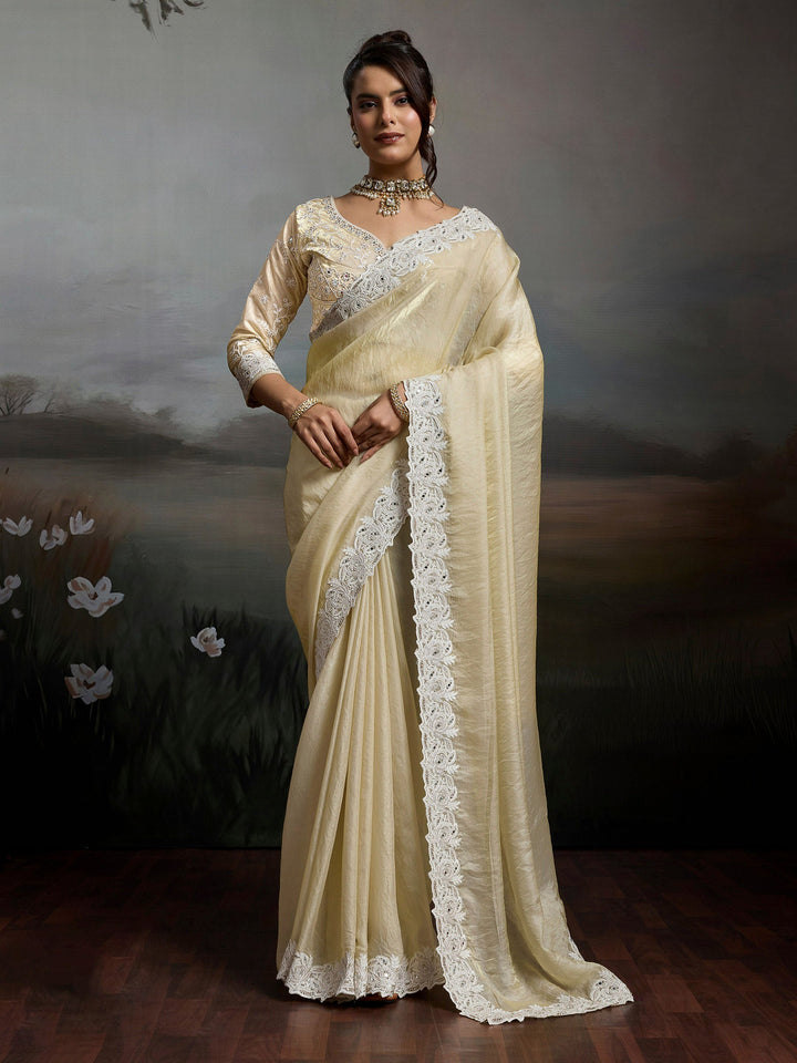 Cream Embroidered Satin Velvet Saree