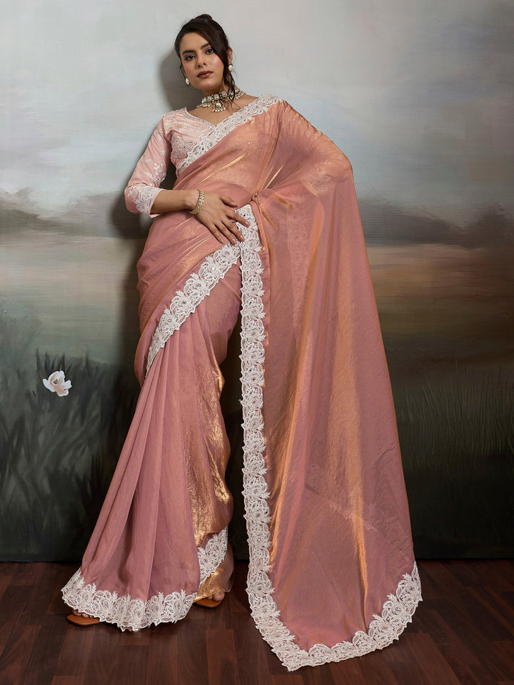Peach Embroidered Satin Velvet Saree