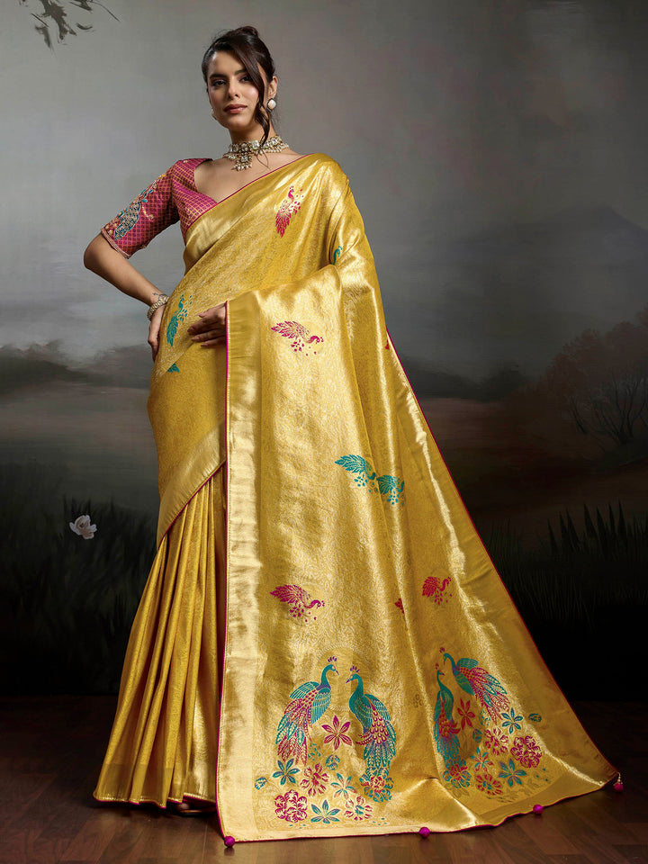 Mustard Woven Design Banarasi Tissue Jacquard Saree