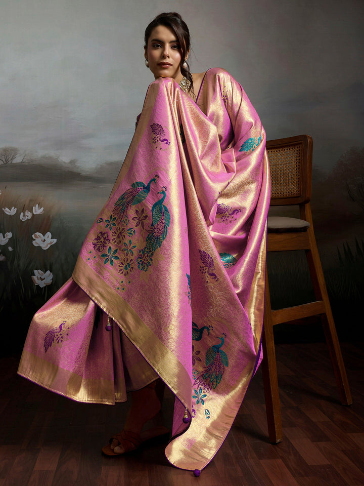 Pink Woven Design Banarasi Tissue Jacquard Saree