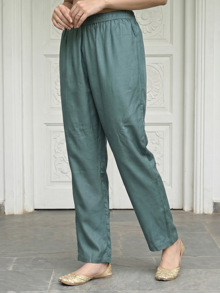Grey Embroidered Cotton Blend Round Neck Suit Set