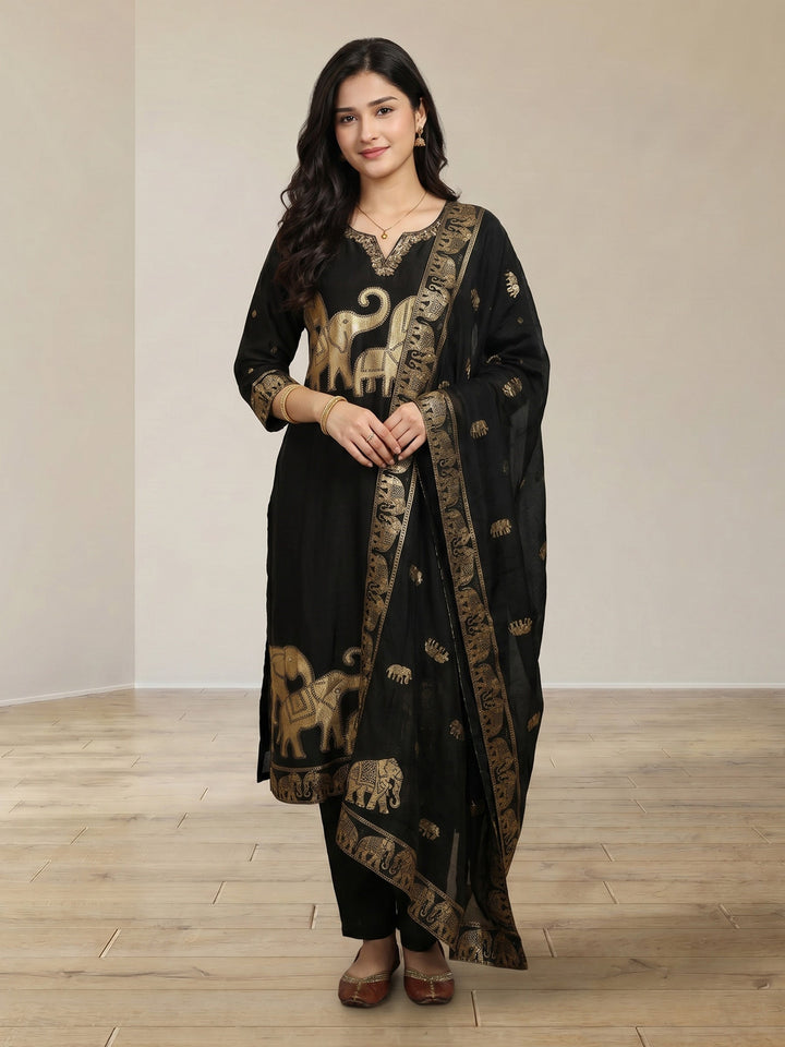 Black Embroidered Cotton Blend Round Neck Suit Set