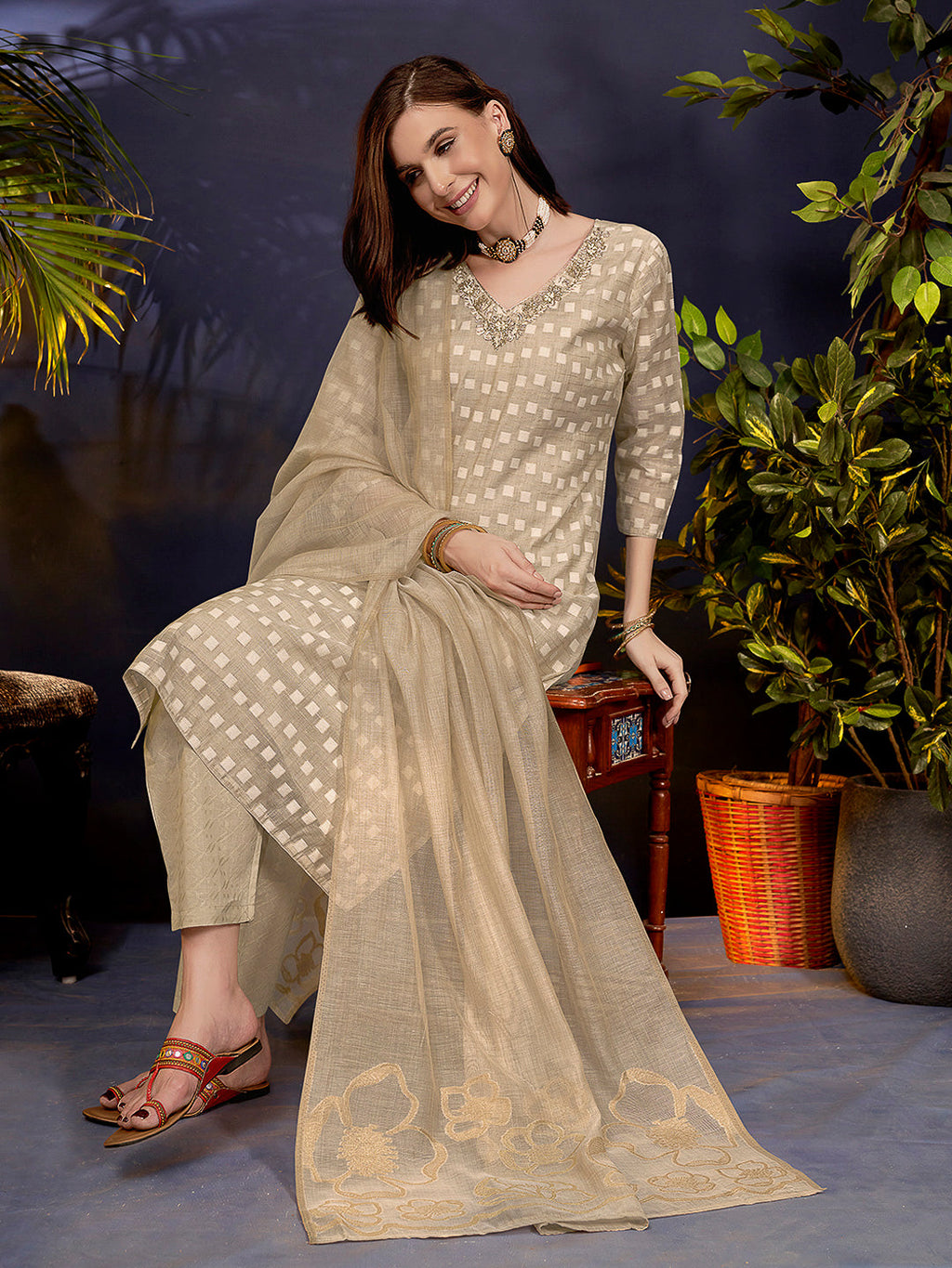 Beige Embroidered Linen Blend Kurta With Pant & Dupatta