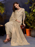Beige Embroidered Linen Blend Kurta With Pant & Dupatta
