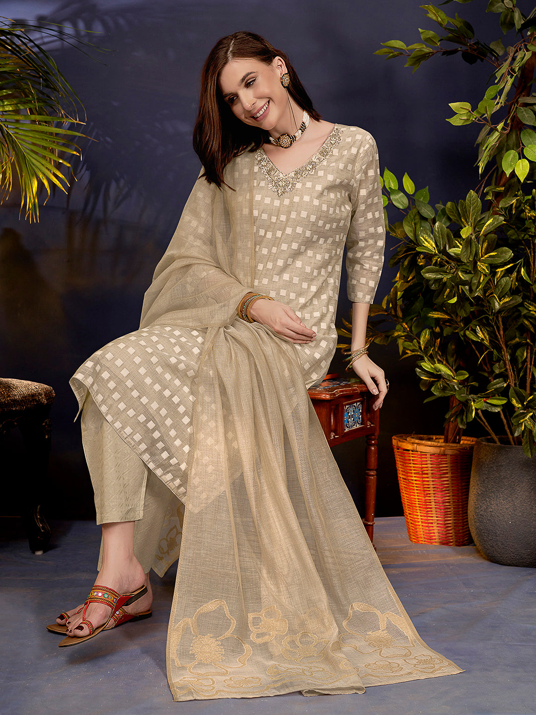 Beige Embroidered Linen Blend Kurta With Pant & Dupatta
