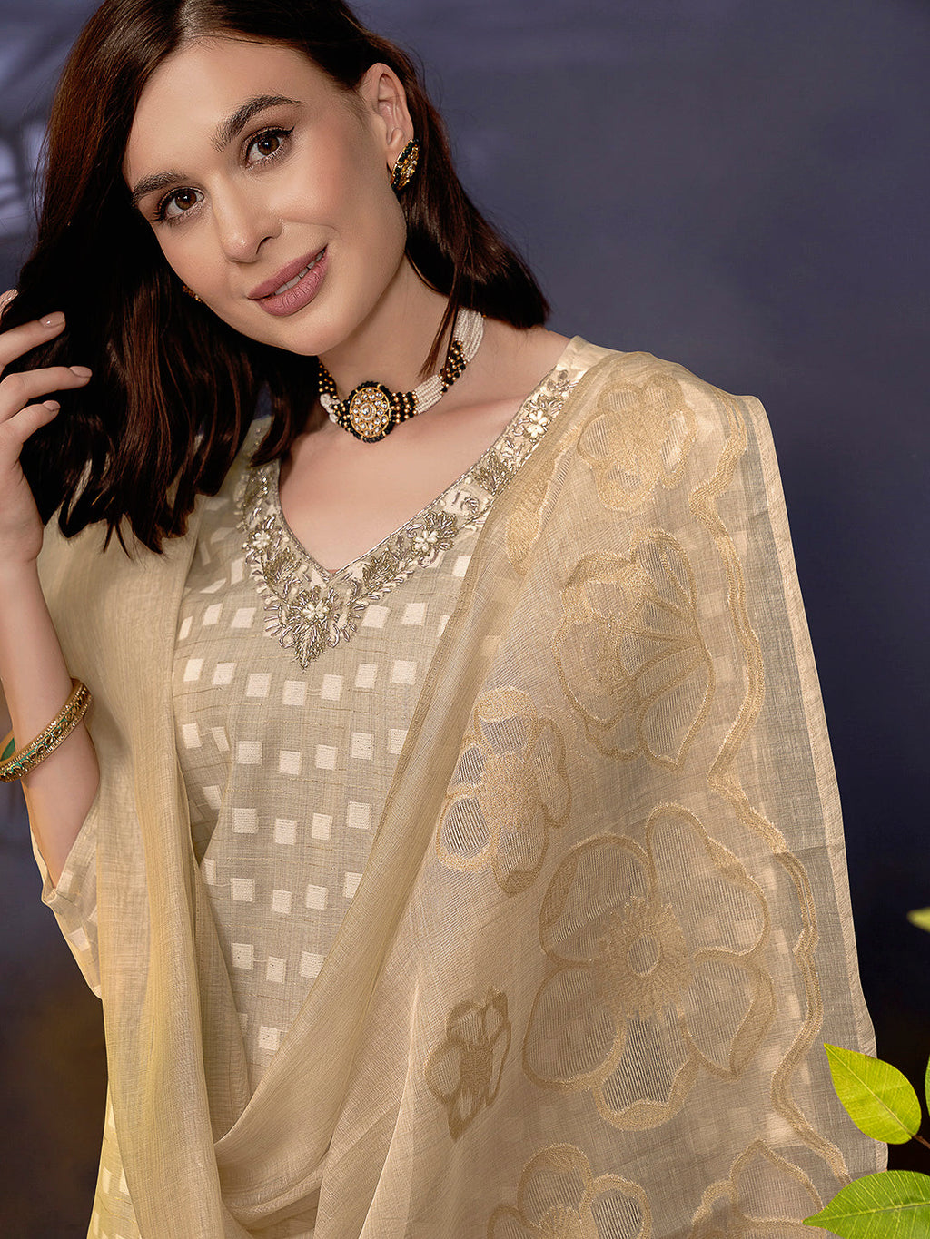 Beige Embroidered Linen Blend Kurta With Pant & Dupatta