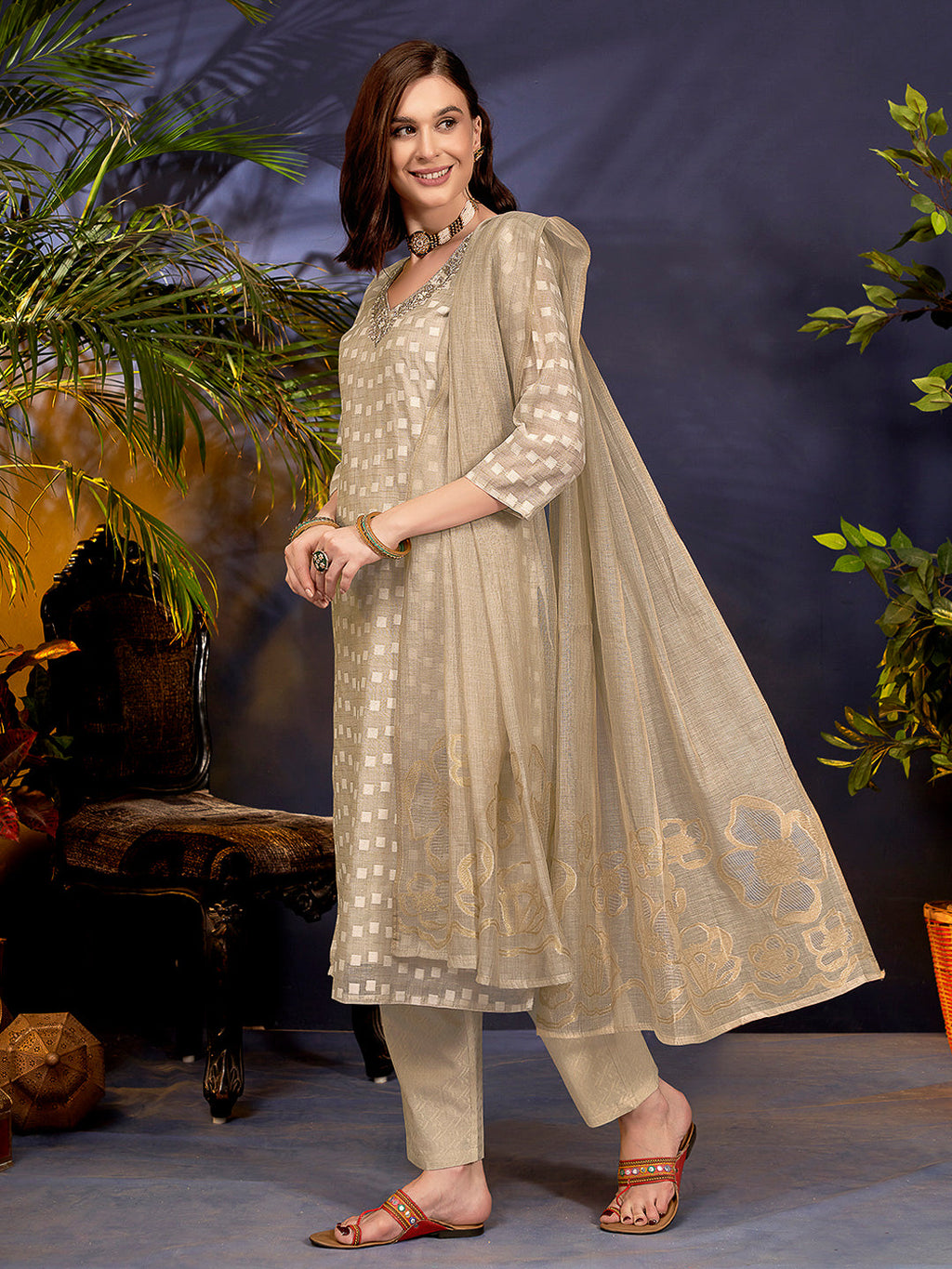Beige Embroidered Linen Blend Kurta With Pant & Dupatta