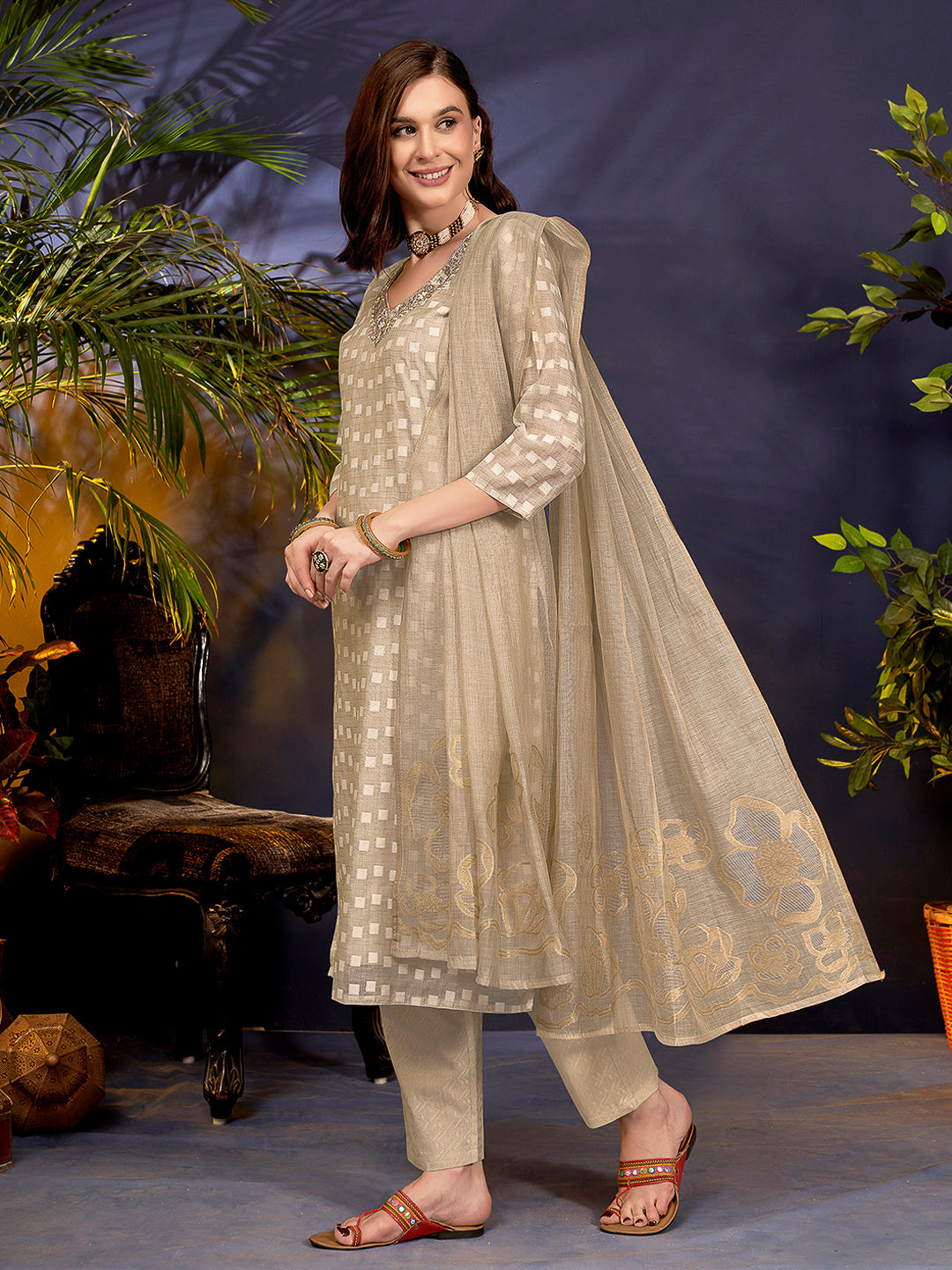 Beige Embroidered Linen Blend Kurta With Pant & Dupatta