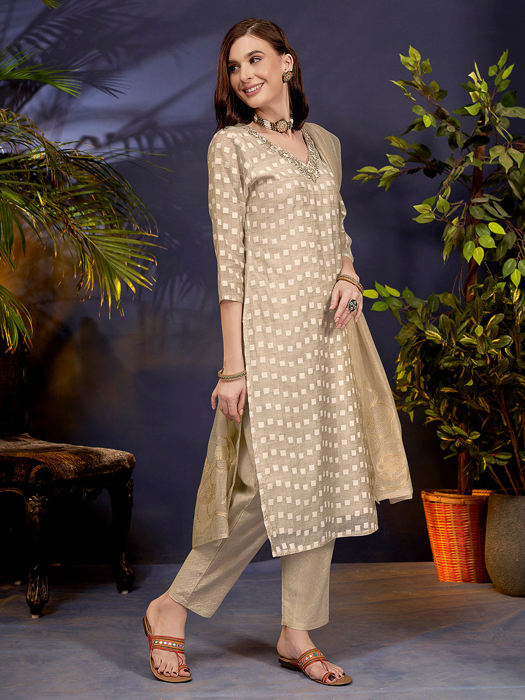 Beige Embroidered Linen Blend Kurta With Pant & Dupatta