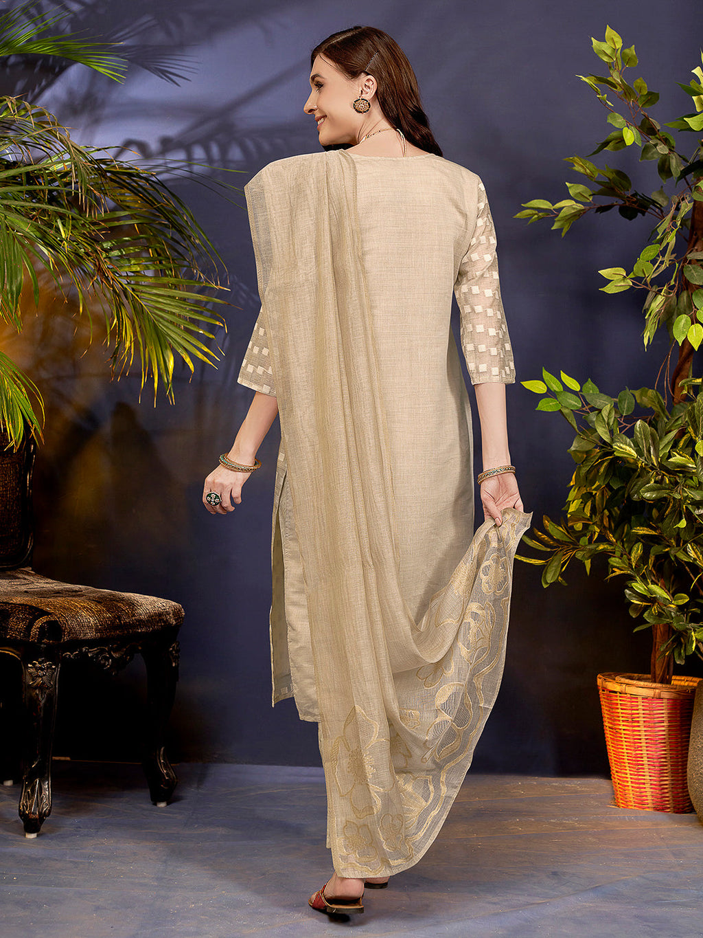 Beige Embroidered Linen Blend Kurta With Pant & Dupatta