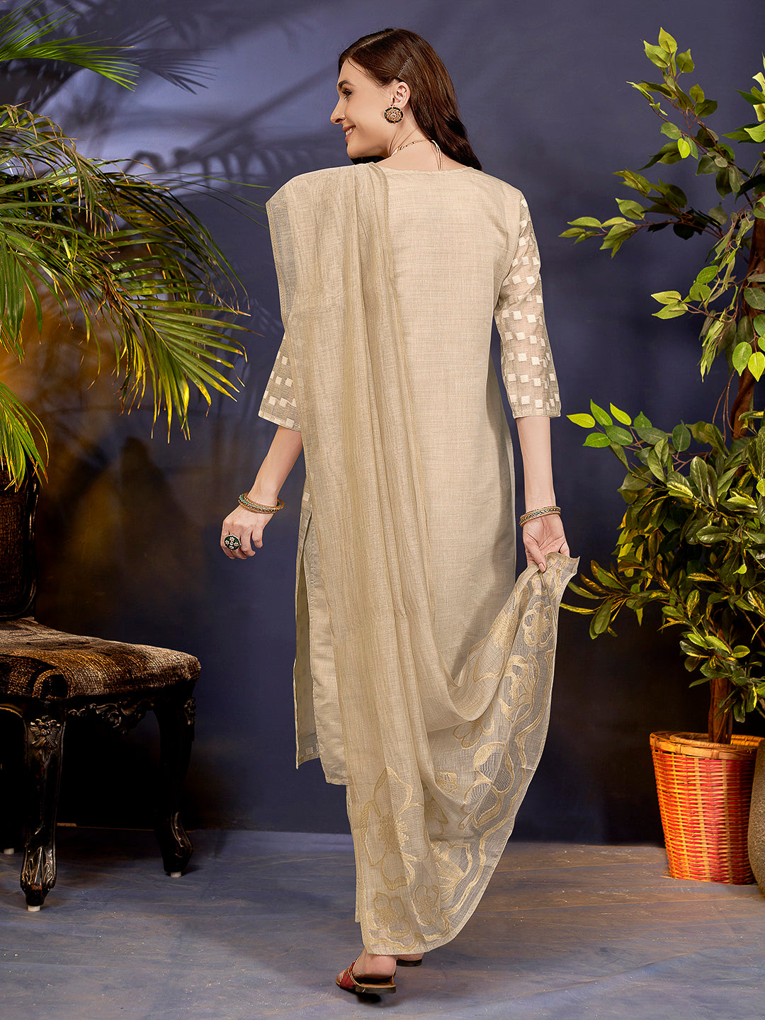 Beige Embroidered Linen Blend Kurta With Pant & Dupatta