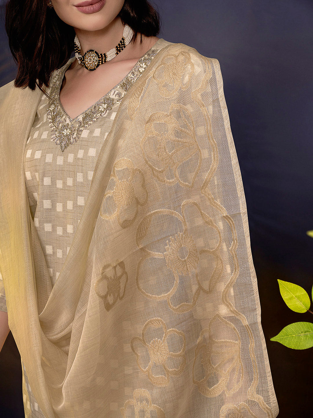 Beige Embroidered Linen Blend Kurta With Pant & Dupatta