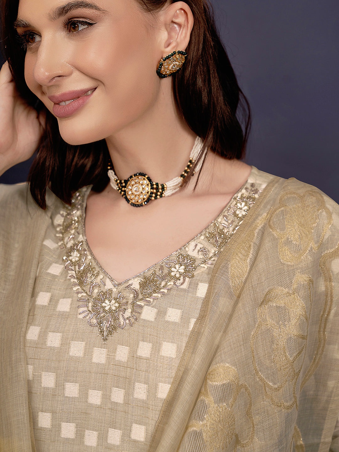 Beige Embroidered Linen Blend Kurta With Pant & Dupatta