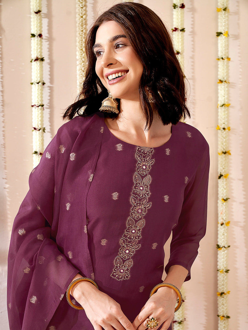 Purple Embroidered Organza Kurta With Pant & Dupatta