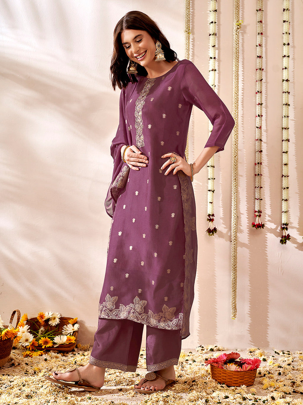 Purple Embroidered Organza Kurta With Pant & Dupatta