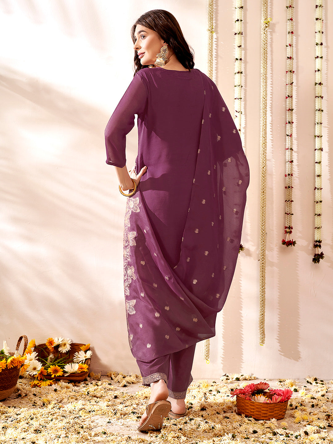 Purple Embroidered Organza Kurta With Pant & Dupatta