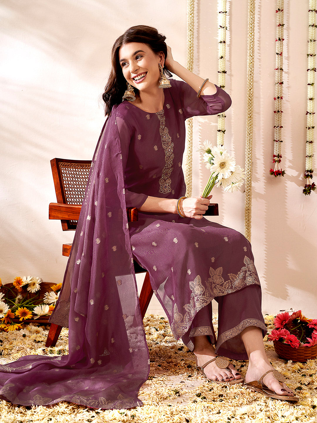 Purple Embroidered Organza Kurta With Pant & Dupatta