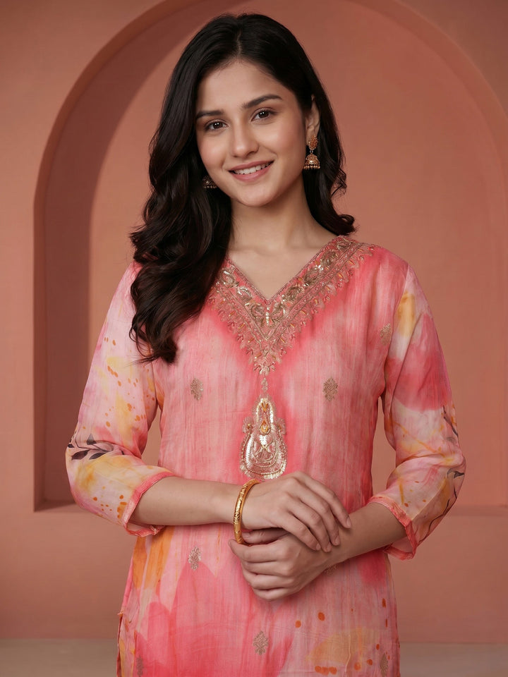 Pink Embroidered Chanderi V Neck Suit Set