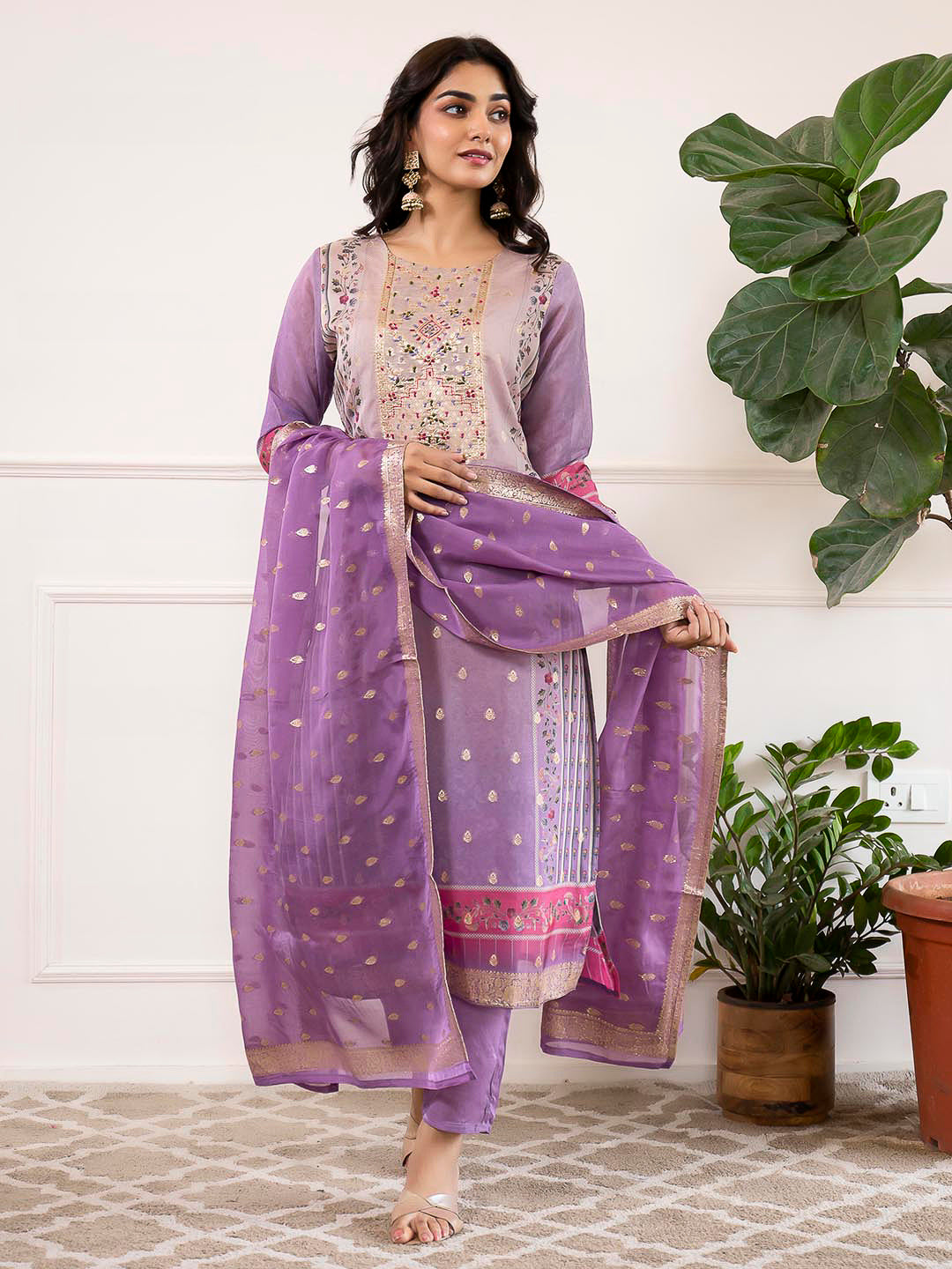 Purple Embroidered Organza Kurta With Pant & Dupatta