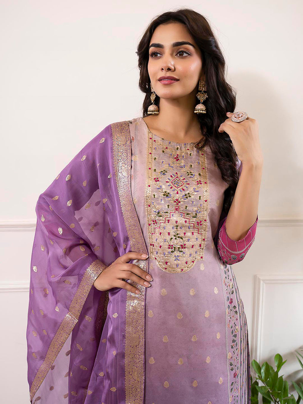 Purple Embroidered Organza Kurta With Pant & Dupatta