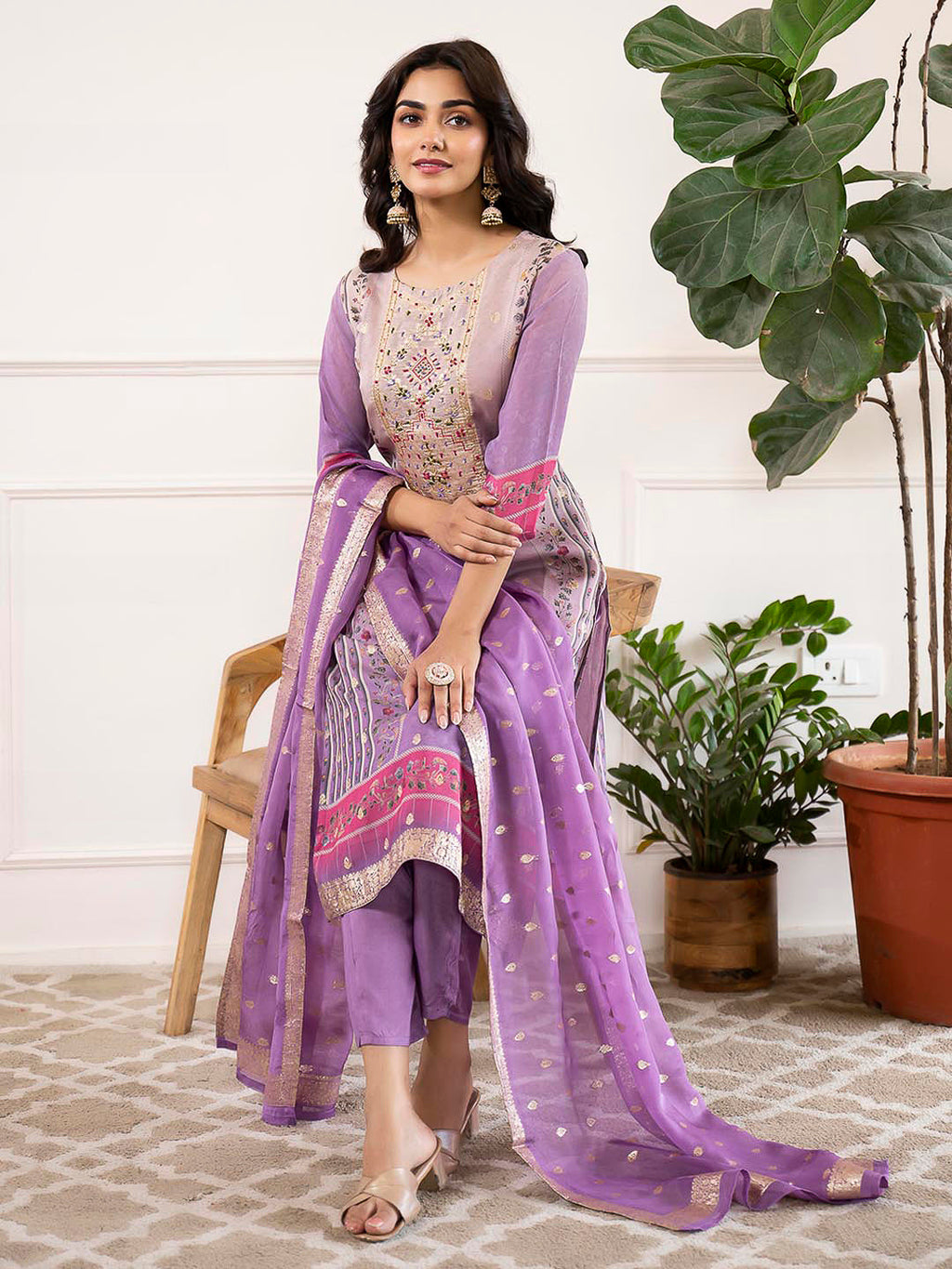 Purple Embroidered Organza Kurta With Pant & Dupatta