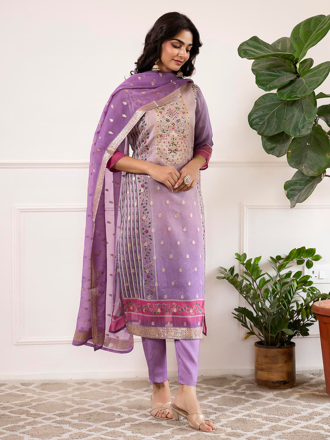 Purple Embroidered Organza Kurta With Pant & Dupatta