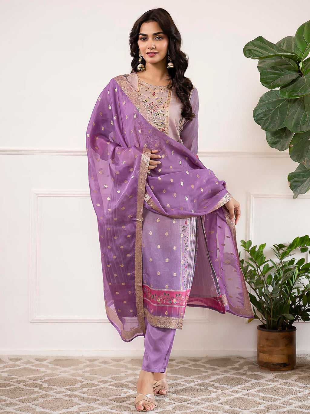 Purple Embroidered Organza Kurta With Pant & Dupatta