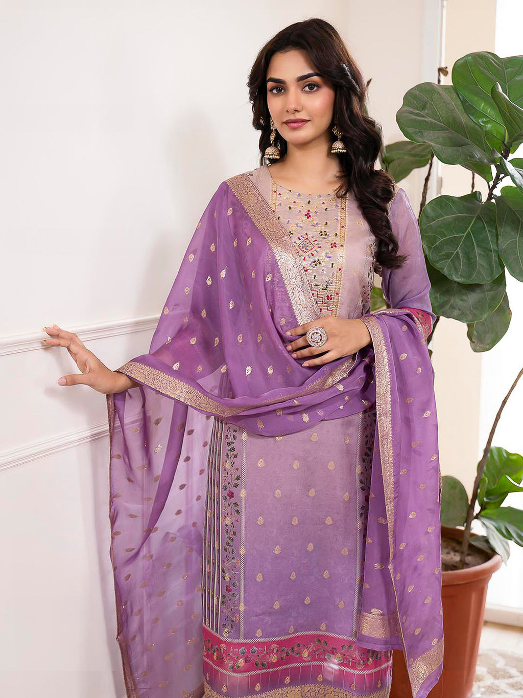 Purple Embroidered Organza Kurta With Pant & Dupatta