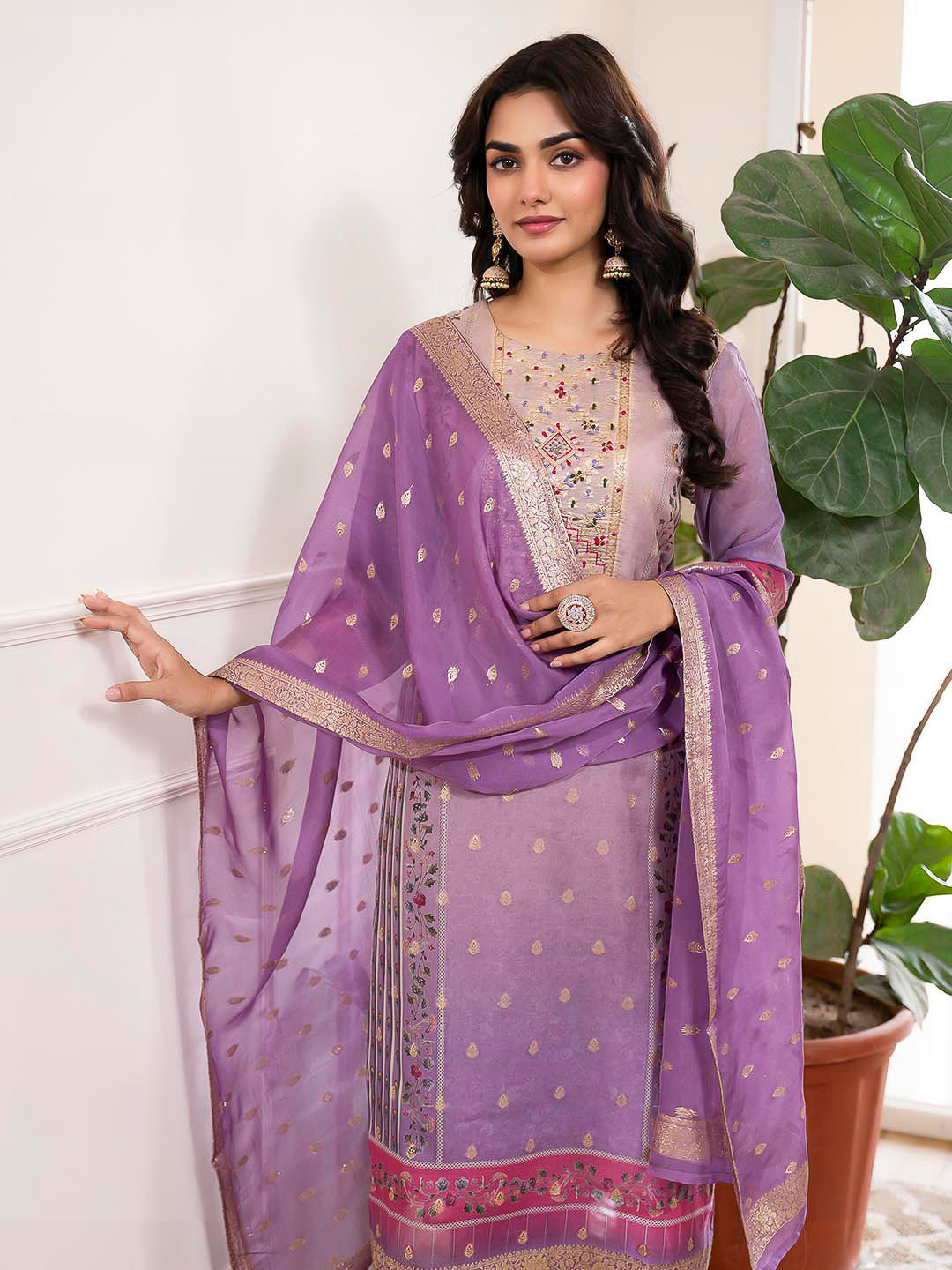Purple Embroidered Organza Kurta With Pant & Dupatta