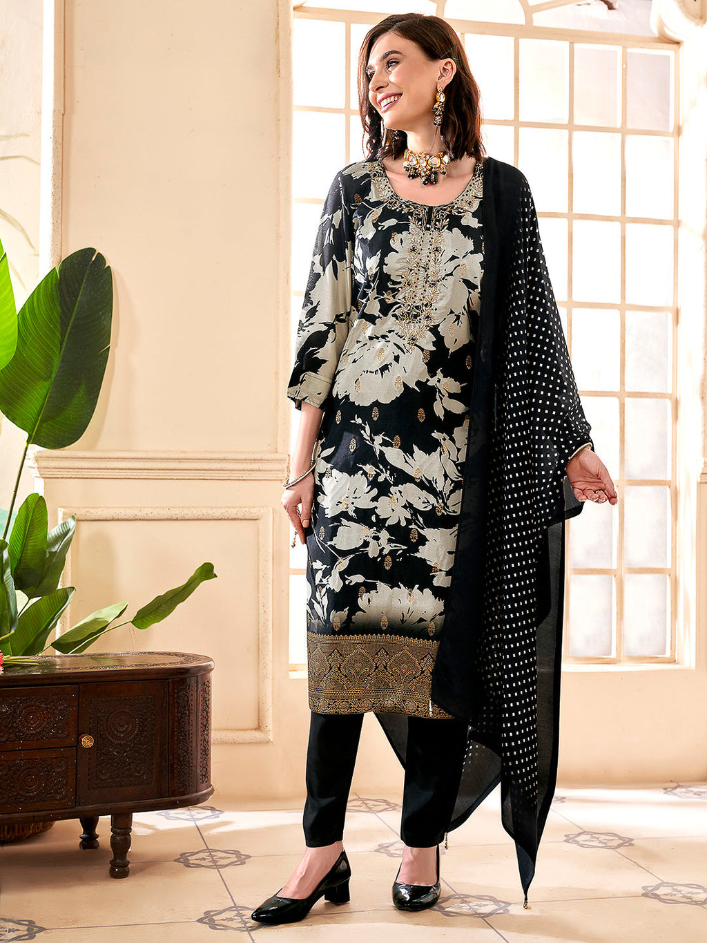 Black Embroidered Art Silk Kurta With Pant & Dupatta