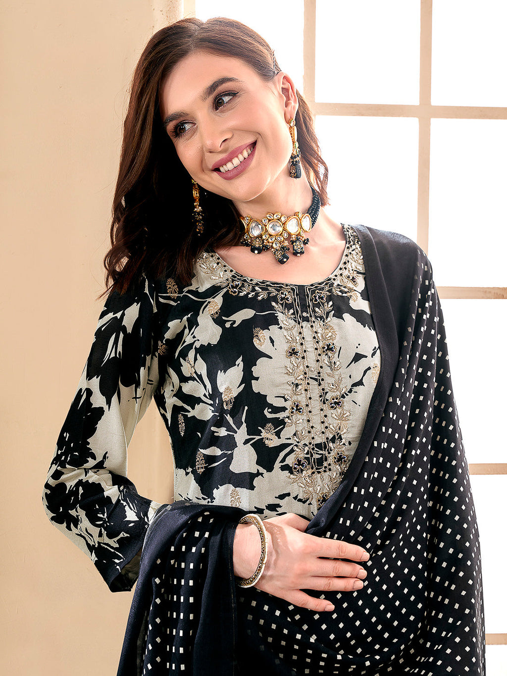 Black Embroidered Art Silk Kurta With Pant & Dupatta