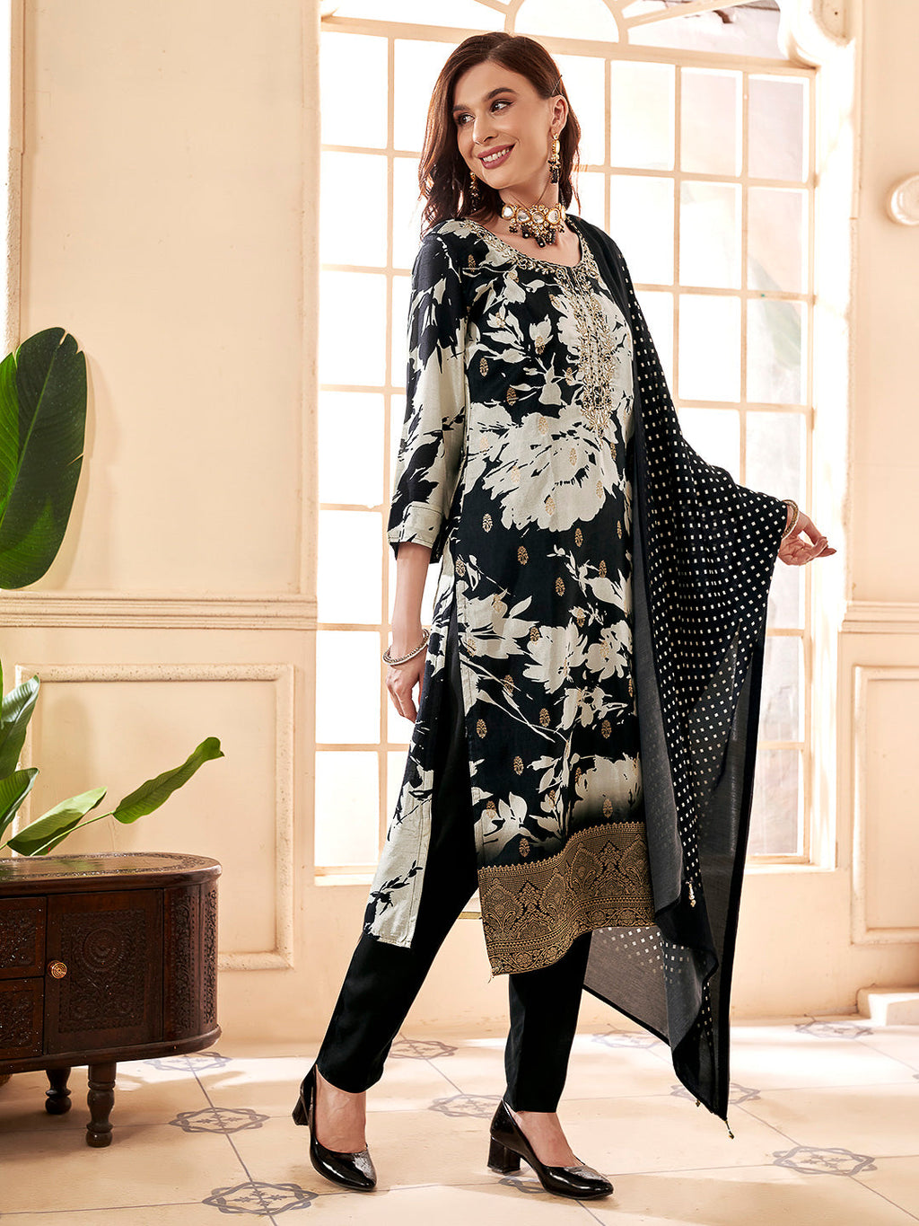 Black Embroidered Art Silk Kurta With Pant & Dupatta
