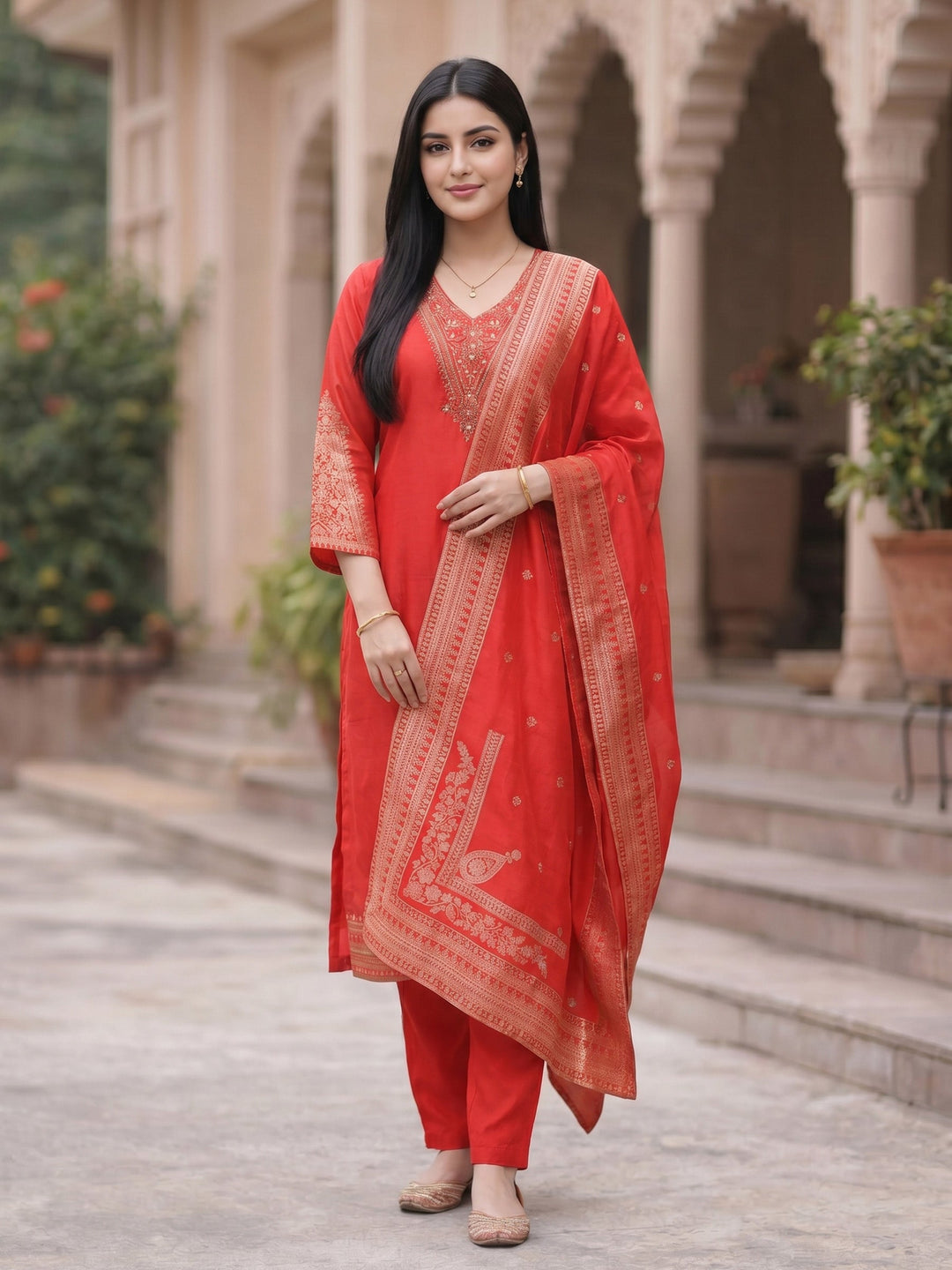 Hot Pink Embroidered Art Silk Round Neck Suit Set