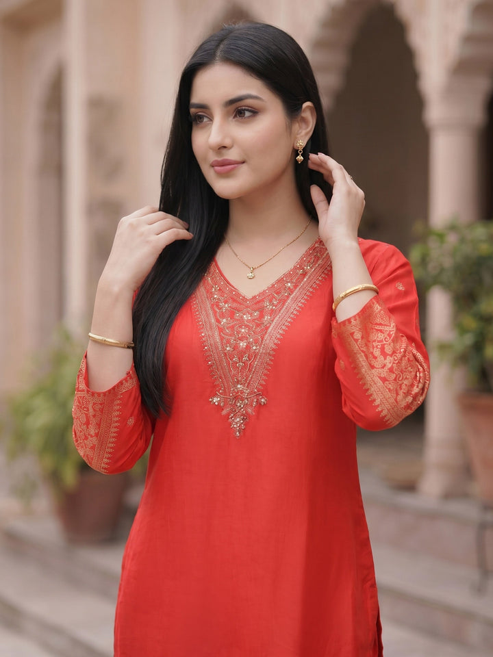 Hot Pink Embroidered Art Silk Round Neck Suit Set