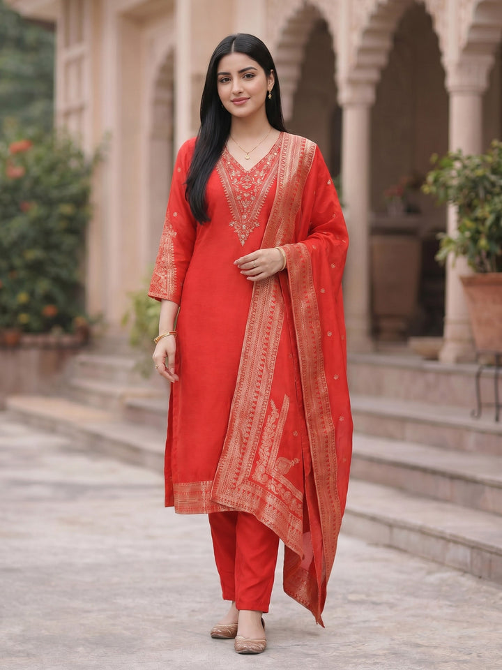 Red Embroidered Art Silk Round Neck Suit Set