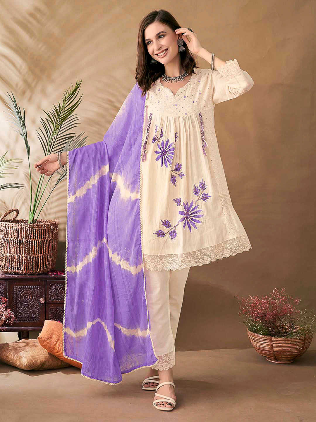 Cream-Purple Embroidered Cotton Blend Kurta With Pant & Dupatta