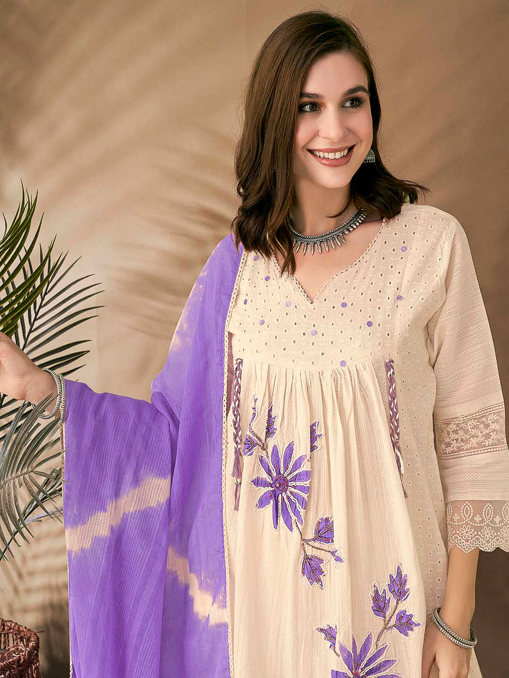 Cream-Purple Embroidered Cotton Blend Kurta With Pant & Dupatta