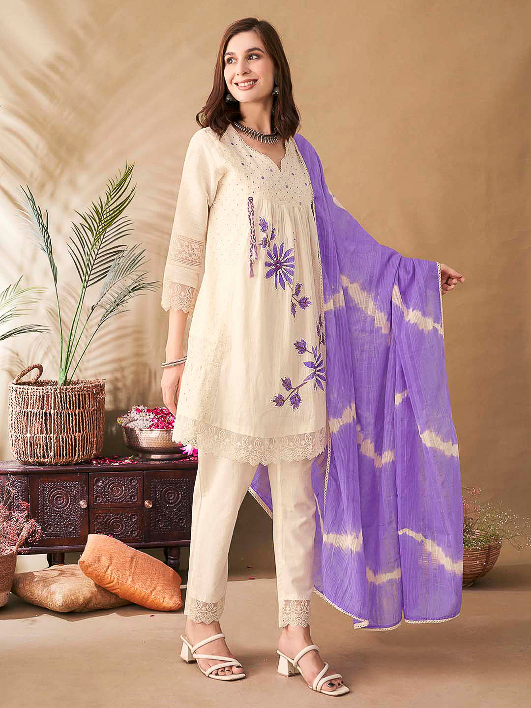 Cream-Purple Embroidered Cotton Blend Kurta With Pant & Dupatta
