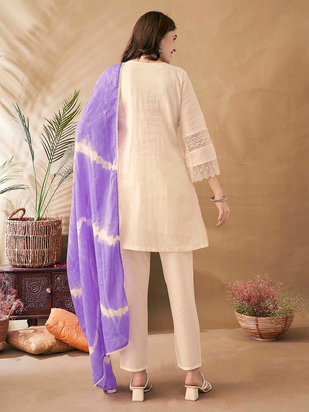Cream-Purple Embroidered Cotton Blend Kurta With Pant & Dupatta