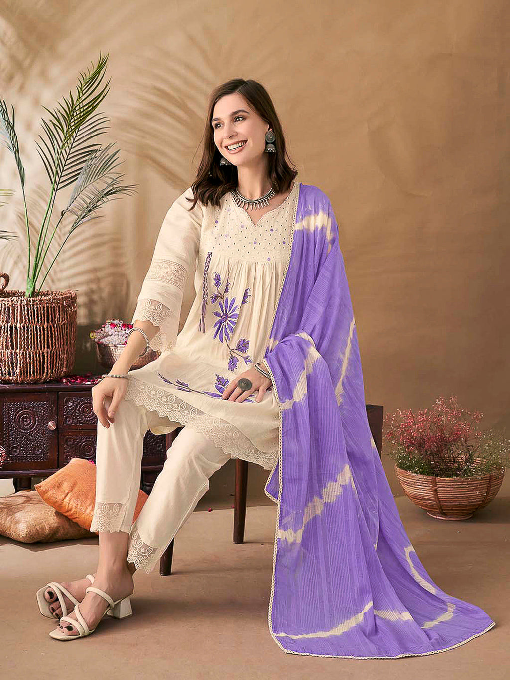 Cream-Purple Embroidered Cotton Blend Kurta With Pant & Dupatta