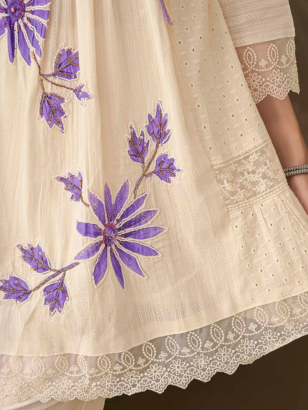 Cream-Purple Embroidered Cotton Blend Kurta With Pant & Dupatta