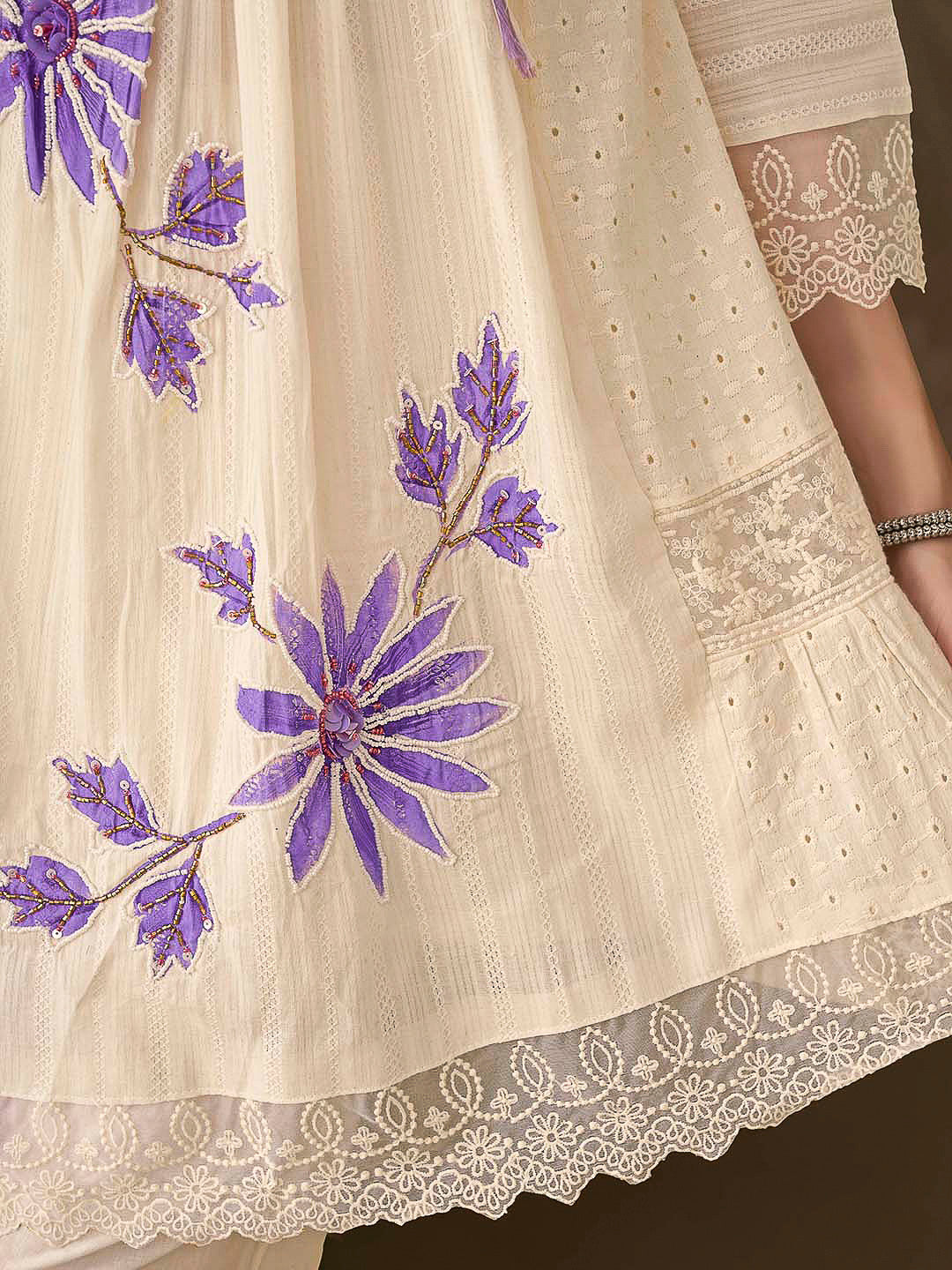Cream-Purple Embroidered Cotton Blend Kurta With Pant & Dupatta