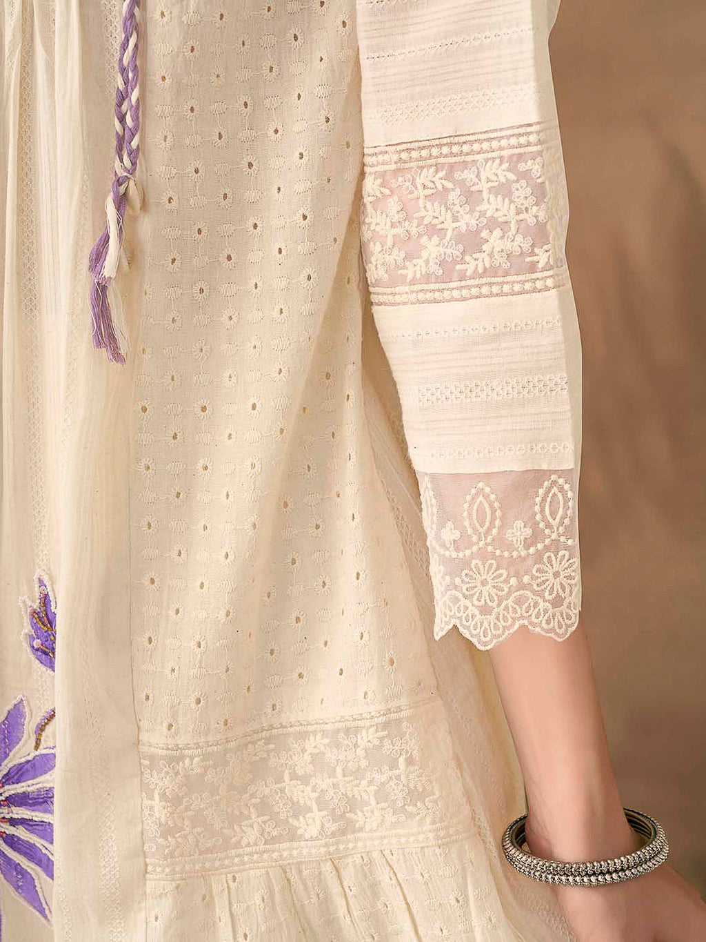Cream-Purple Embroidered Cotton Blend Kurta With Pant & Dupatta