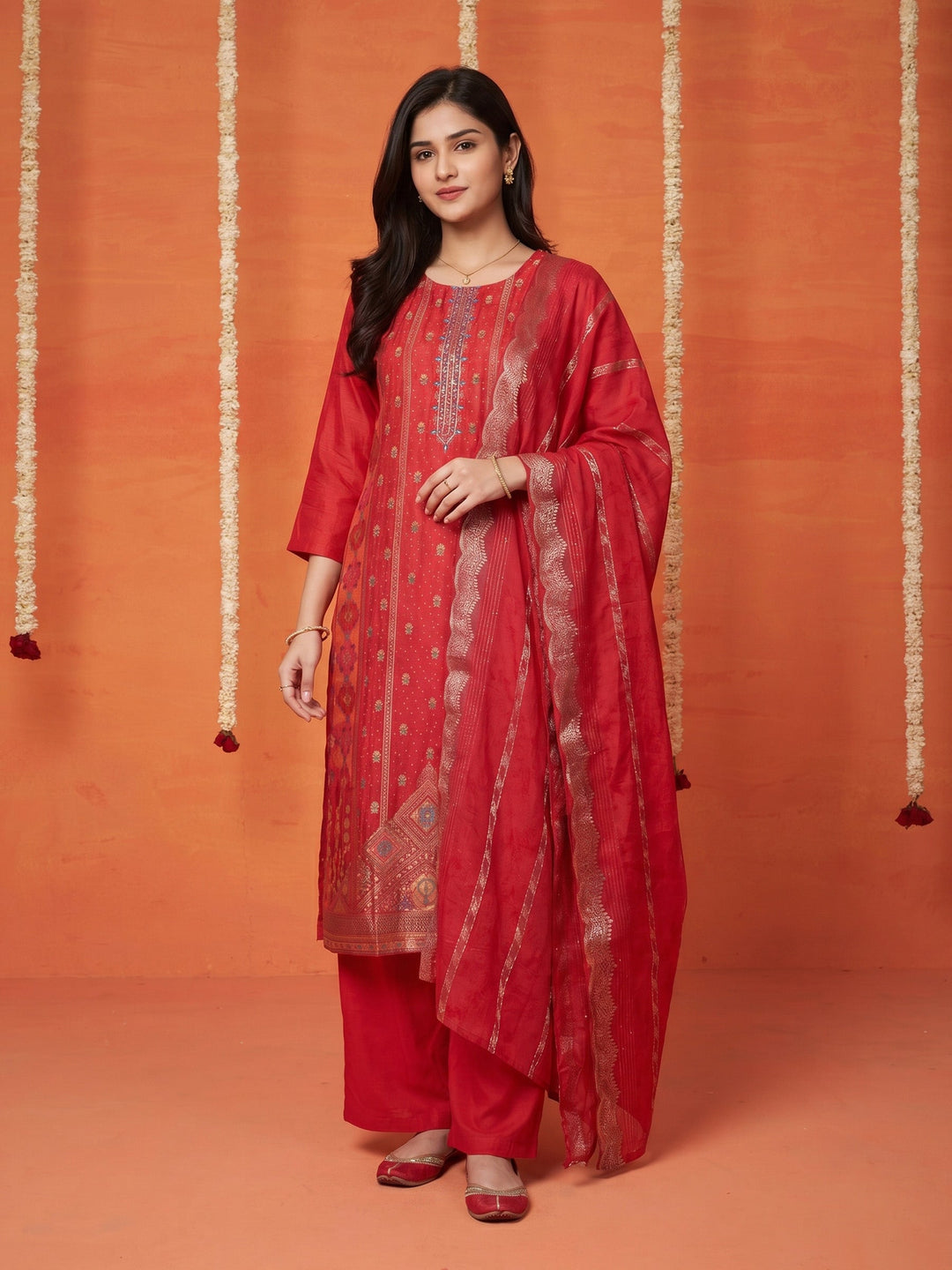Rani Embroidered Art Silk Round Neck Suit Set