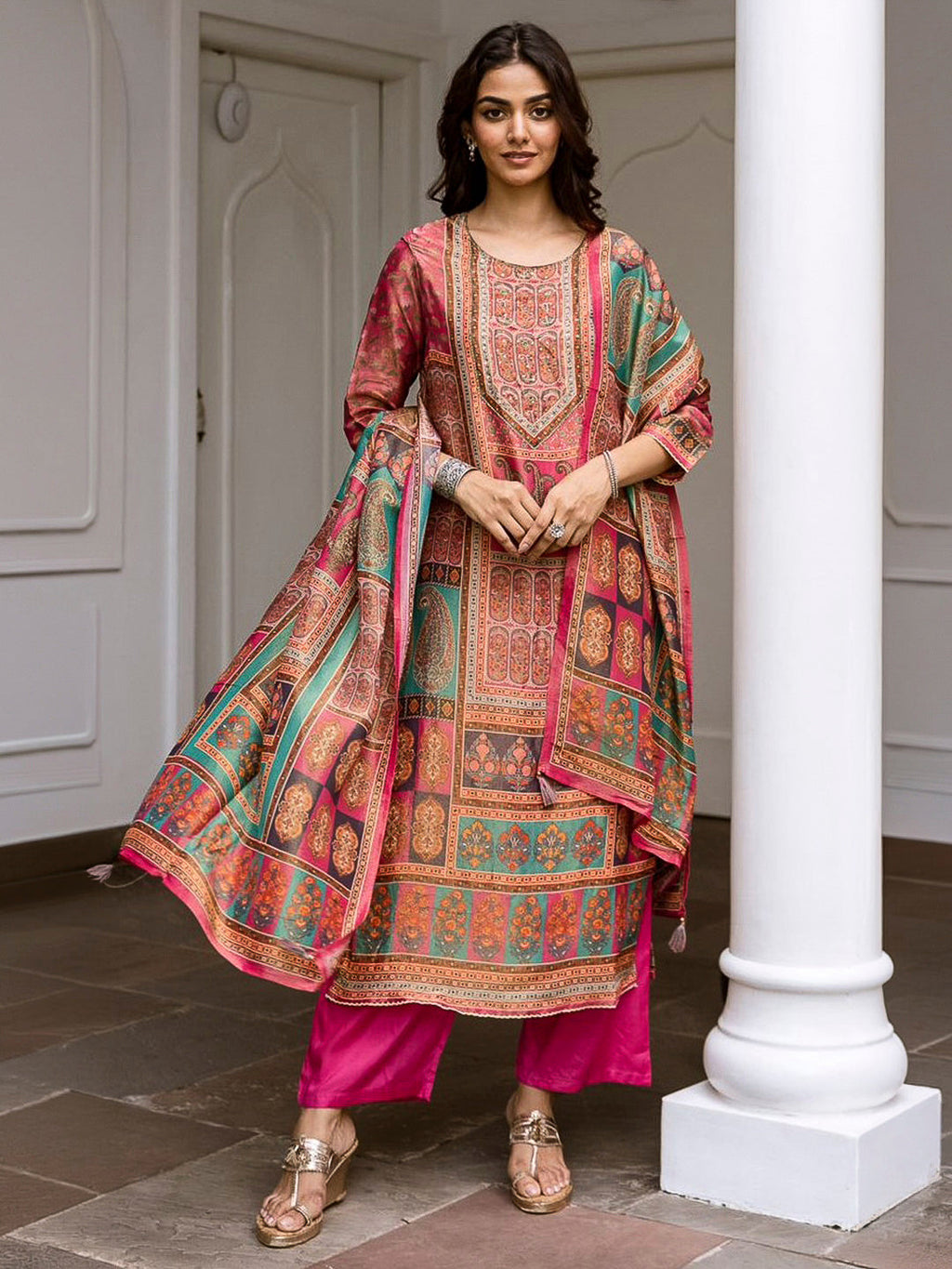Pink Embroidered Tissue Kurta With Pant & Dupatta